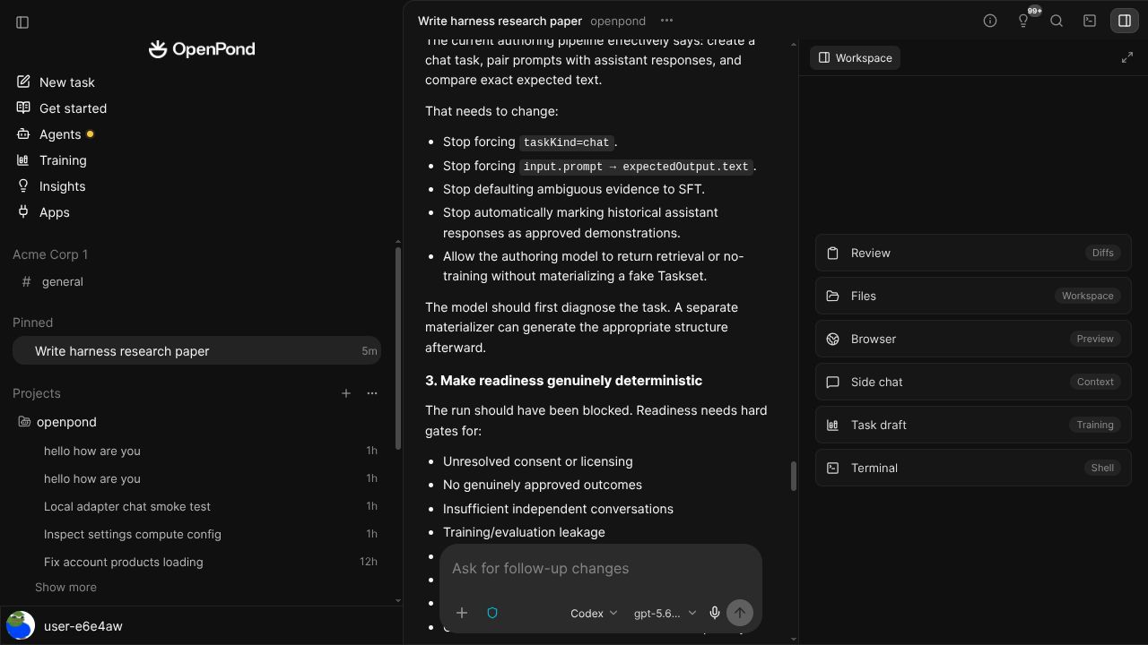 OpenPond agent conversation with a live goal and a right workspace sidebar for review, files, browser, side chat, training, and terminal