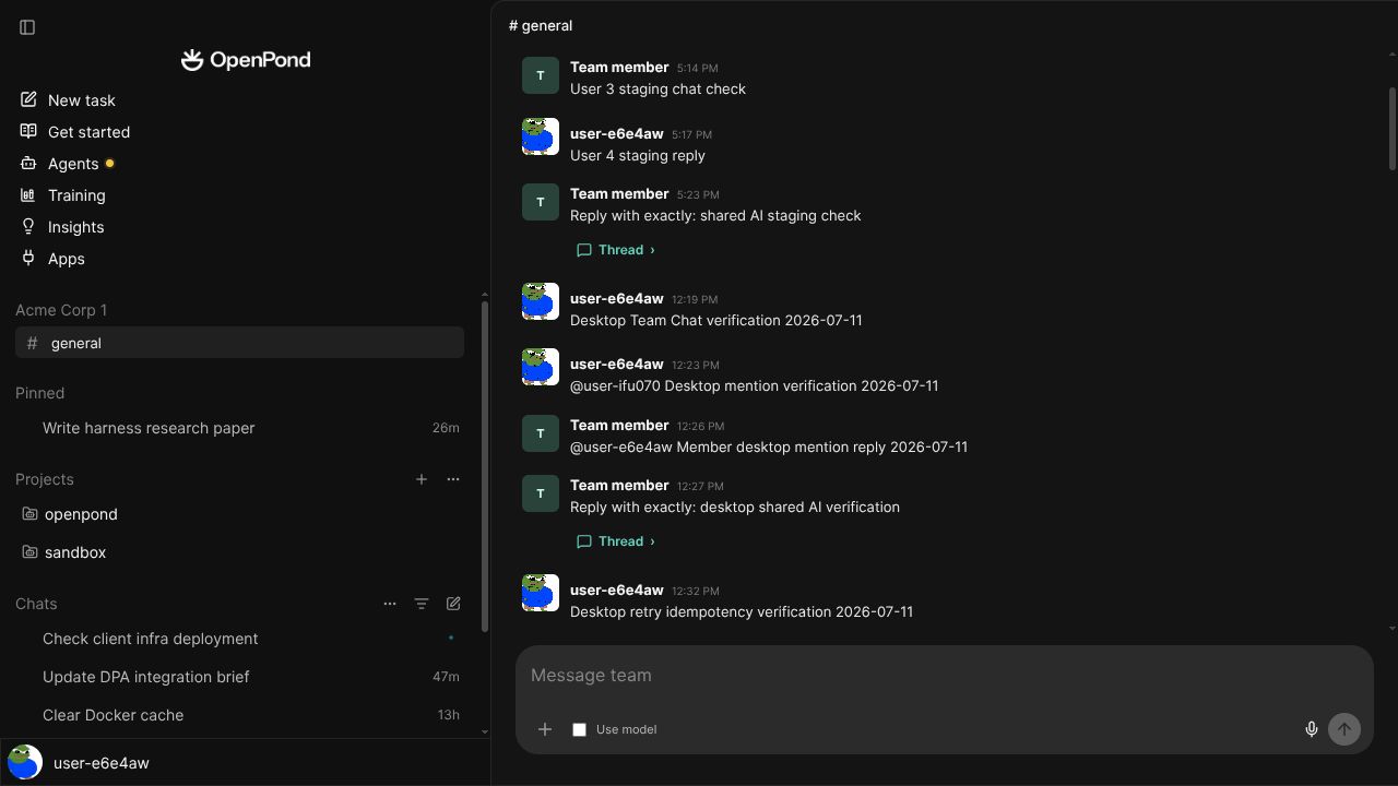 OpenPond Team Chat showing teammates, agent threads, shared projects, and shared conversations